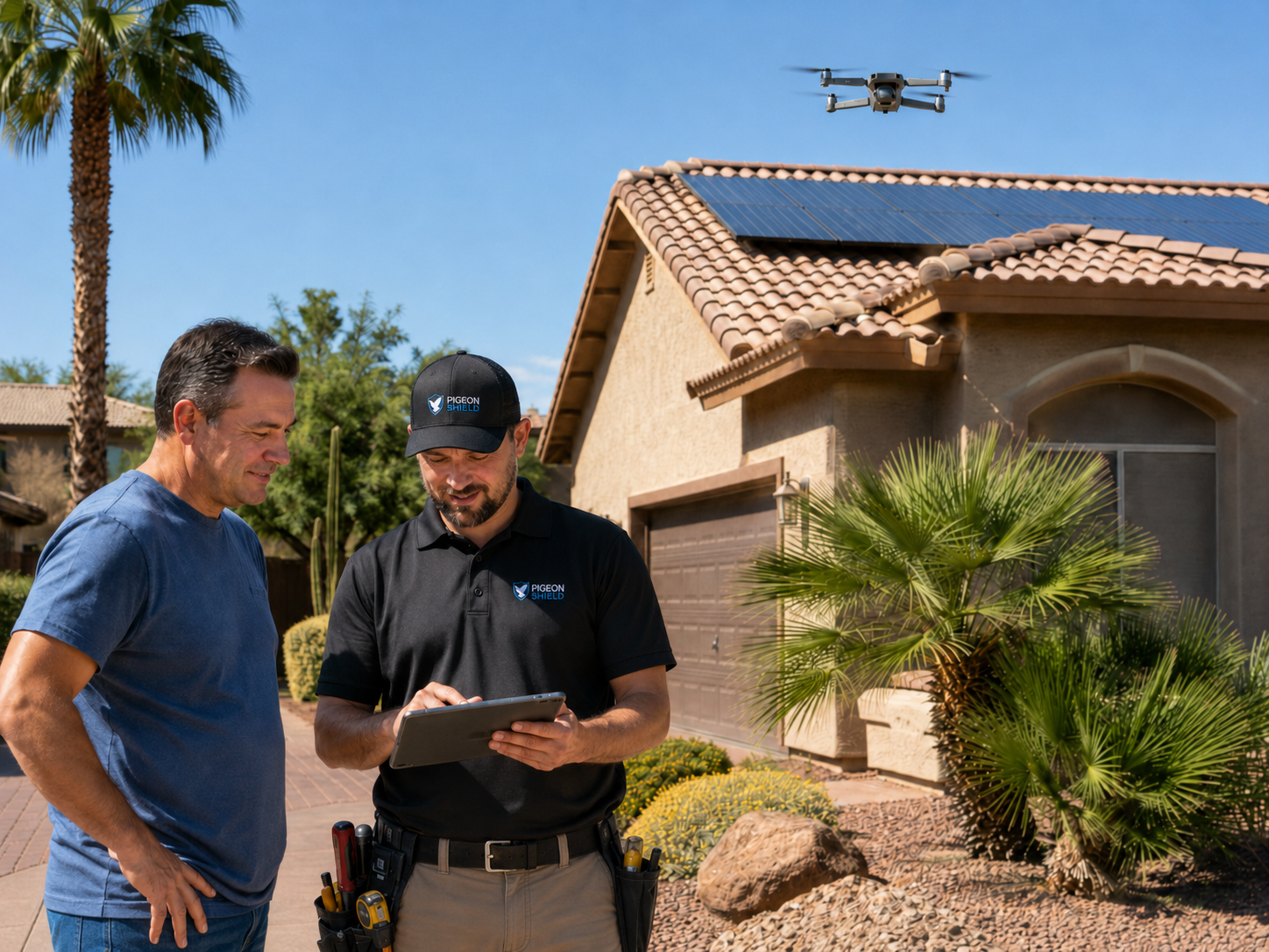 PigeonShield technician reviewing drone inspection notes with a homeowner