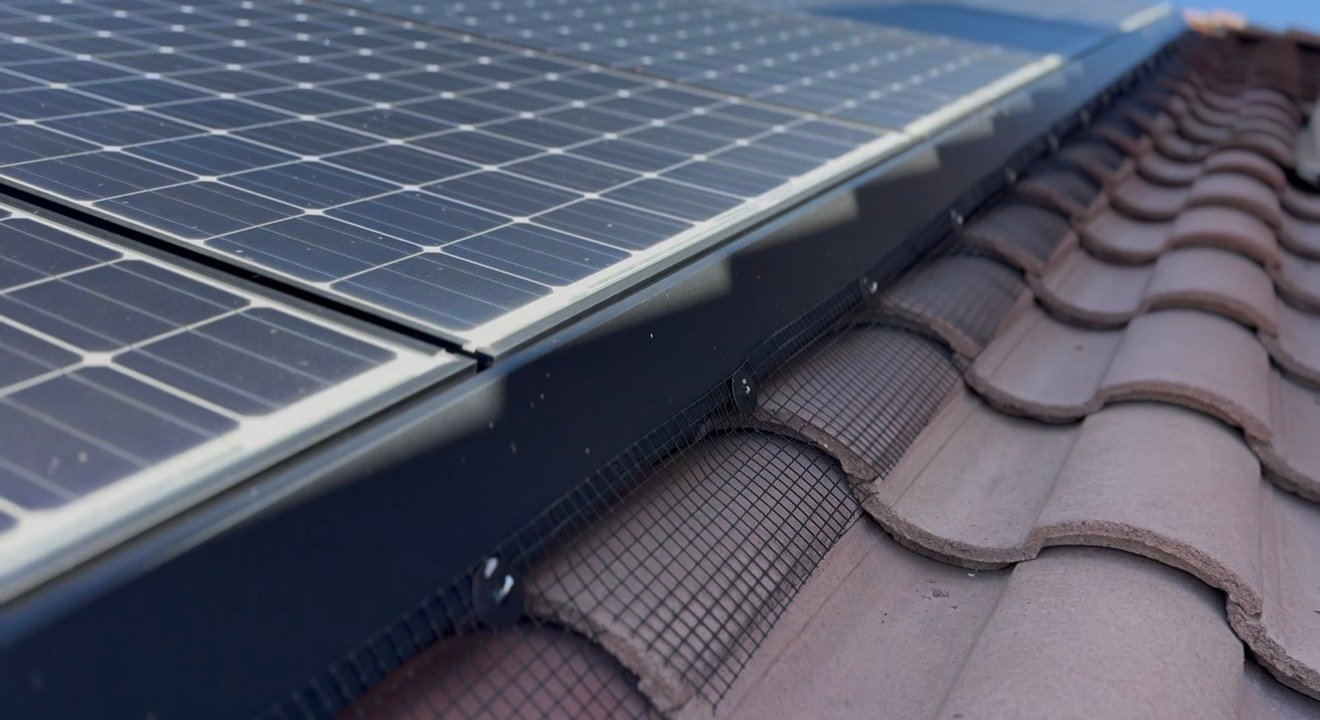 Close-up of pigeon mesh secured along the edge of solar panels